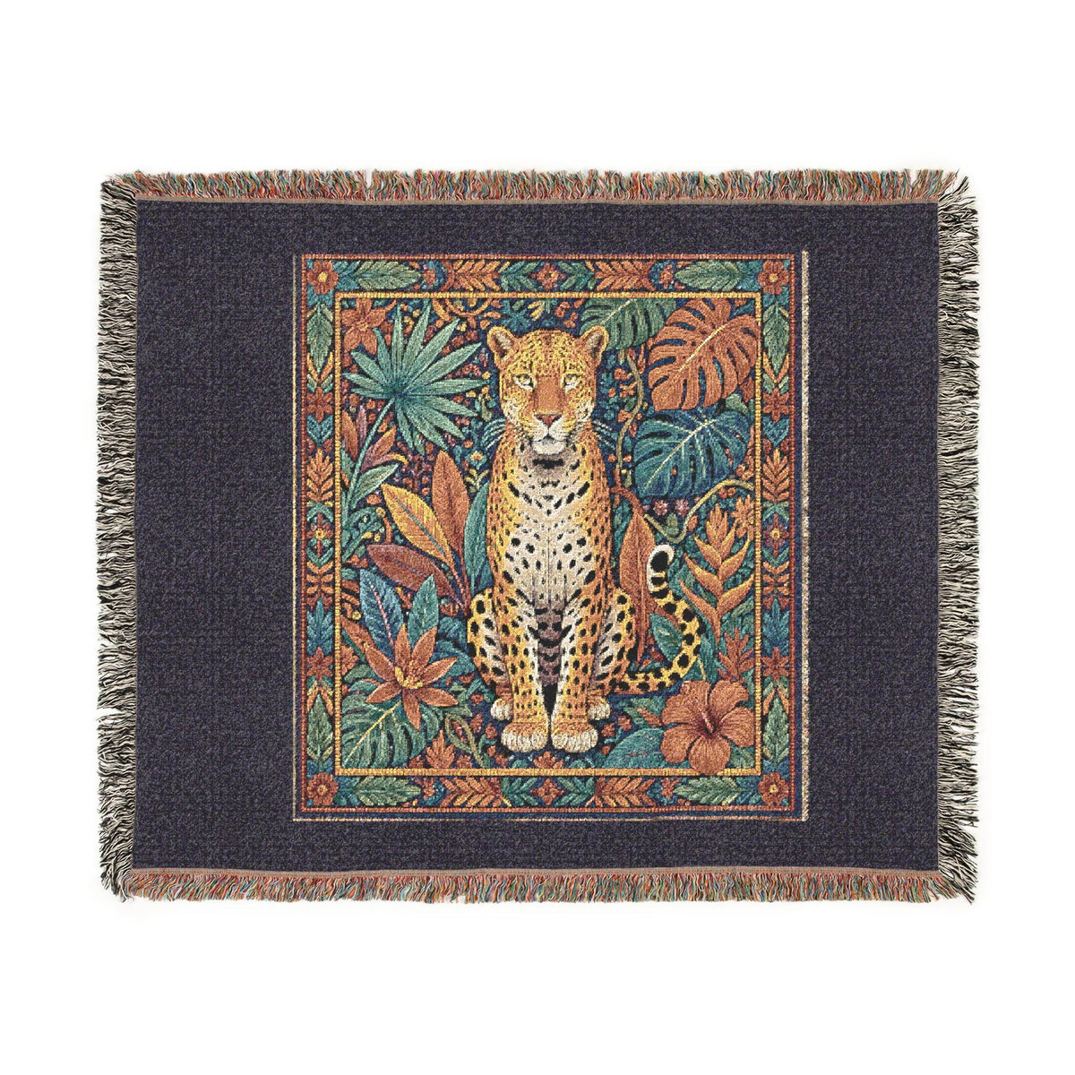 Vintage Mosaic Cheetah Woven Blanket | Jungle Leaves Tapestry Throw