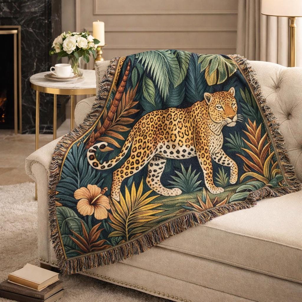 Leopard Jungle Tapestry Woven Blanket | Tropical Botanical Throw