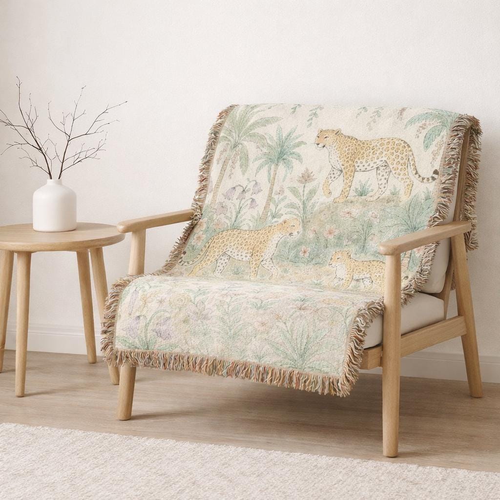 Jungle Leopard Tapestry Woven Blanket | Tropical Palm Animal Throw