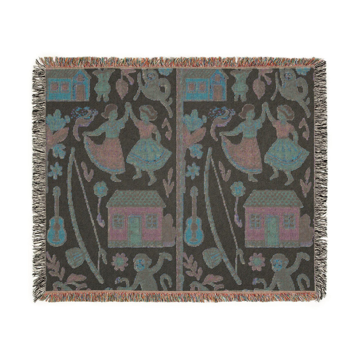 Folk Dance Pattern Woven Blanket | Southwestern House and Guitar Throw