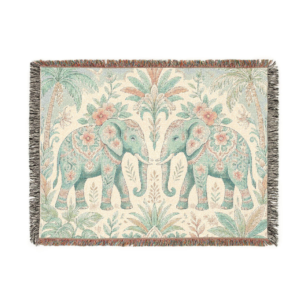 Boho Elephant Tapestry Woven Blanket | Palm Tree Floral Pattern