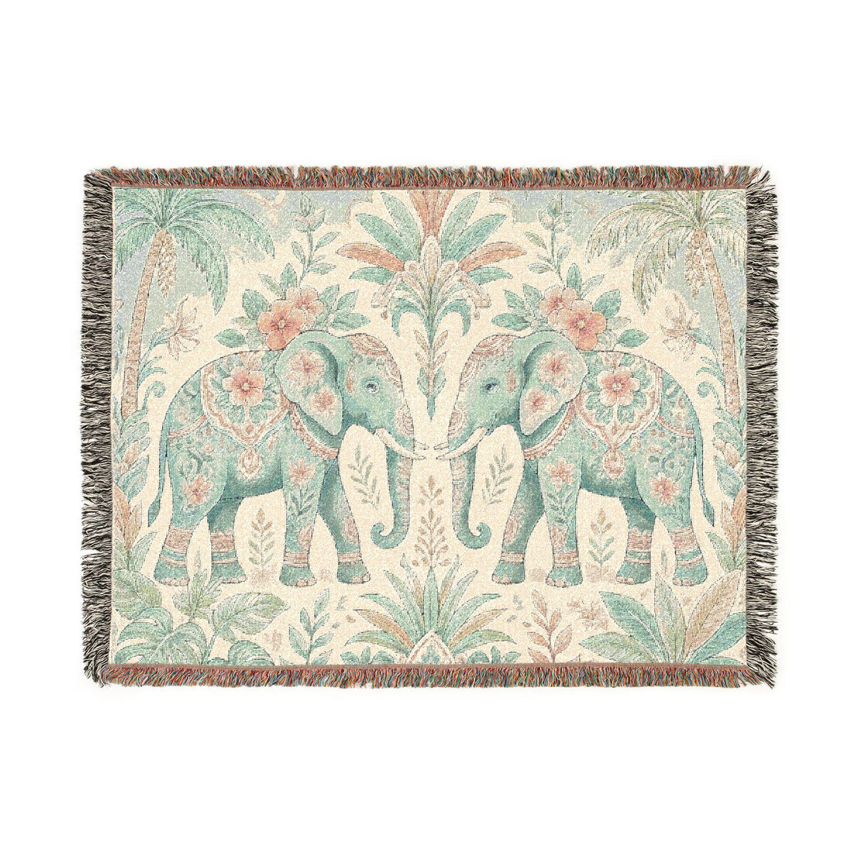 Boho Elephant Tapestry Woven Blanket | Palm Tree Floral Pattern