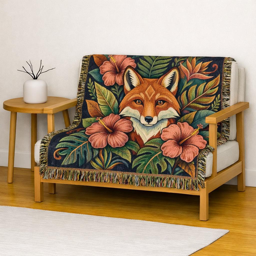 Floral Fox Woven Blanket | Fox Face Tapestry Throw, Botanical Woodland Decor