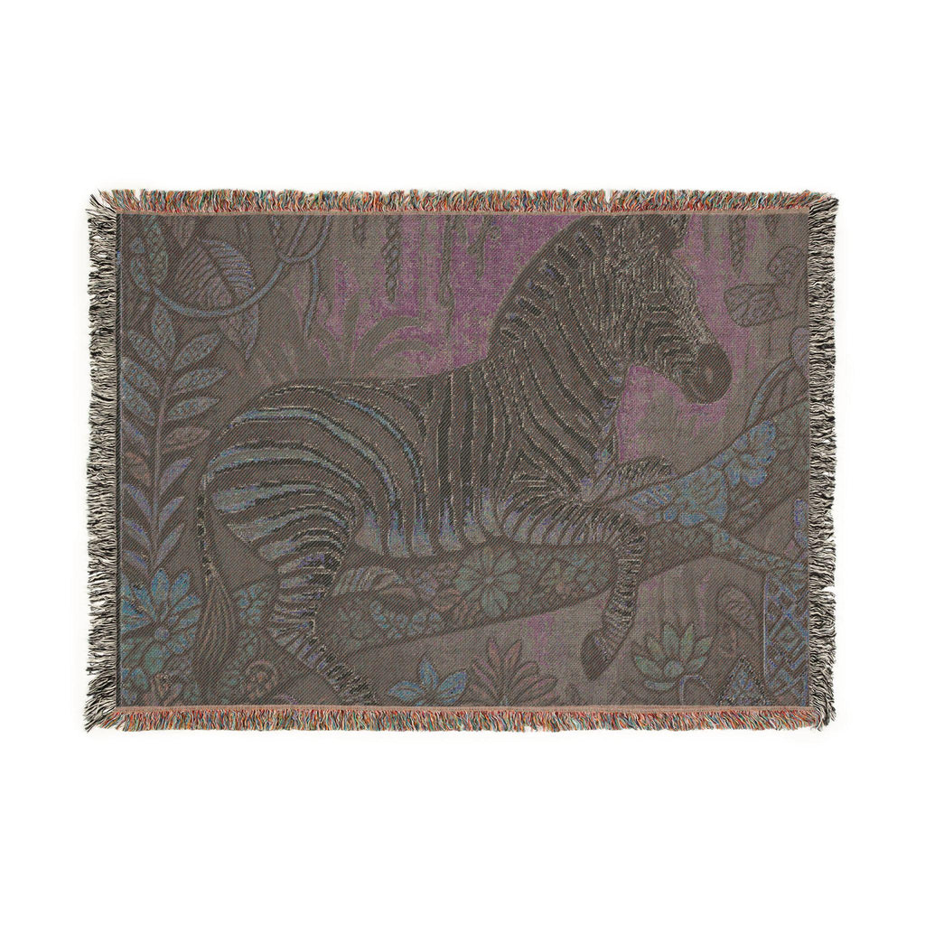 Zebra Tapestry Woven Blanket | Jungle Flora Pattern, Fringe Throw