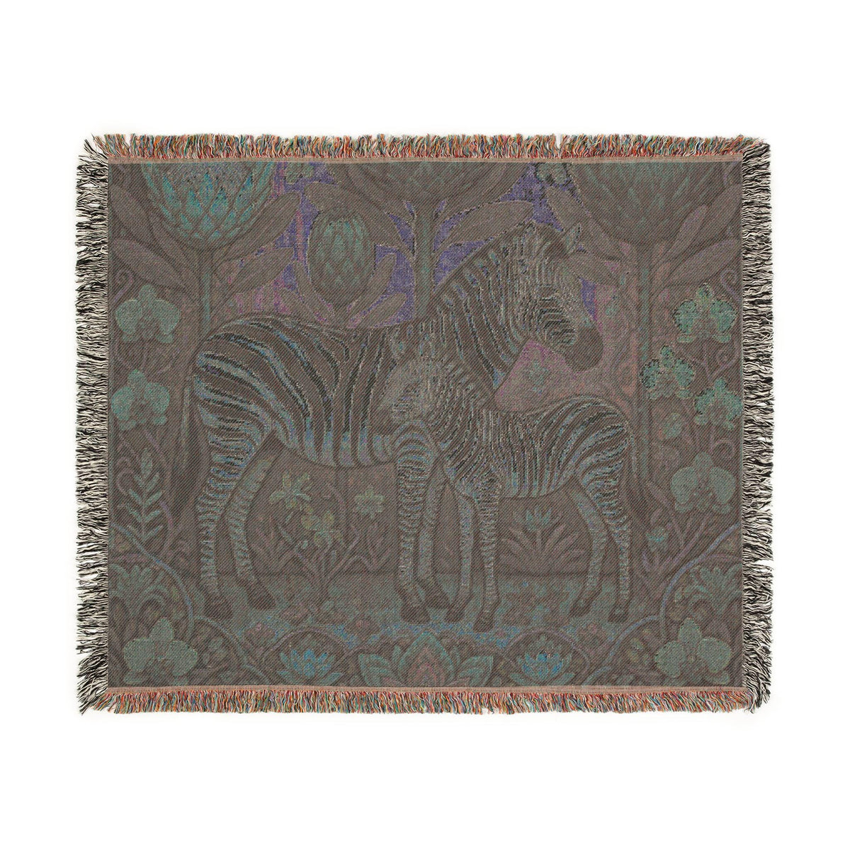 Zebra Mother and Foal Woven Blanket | Floral Tapestry Throw