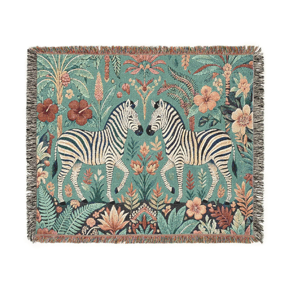 Zebra Botanical Tapestry Blanket | Woven Fringe Throw, Floral Safari Decor