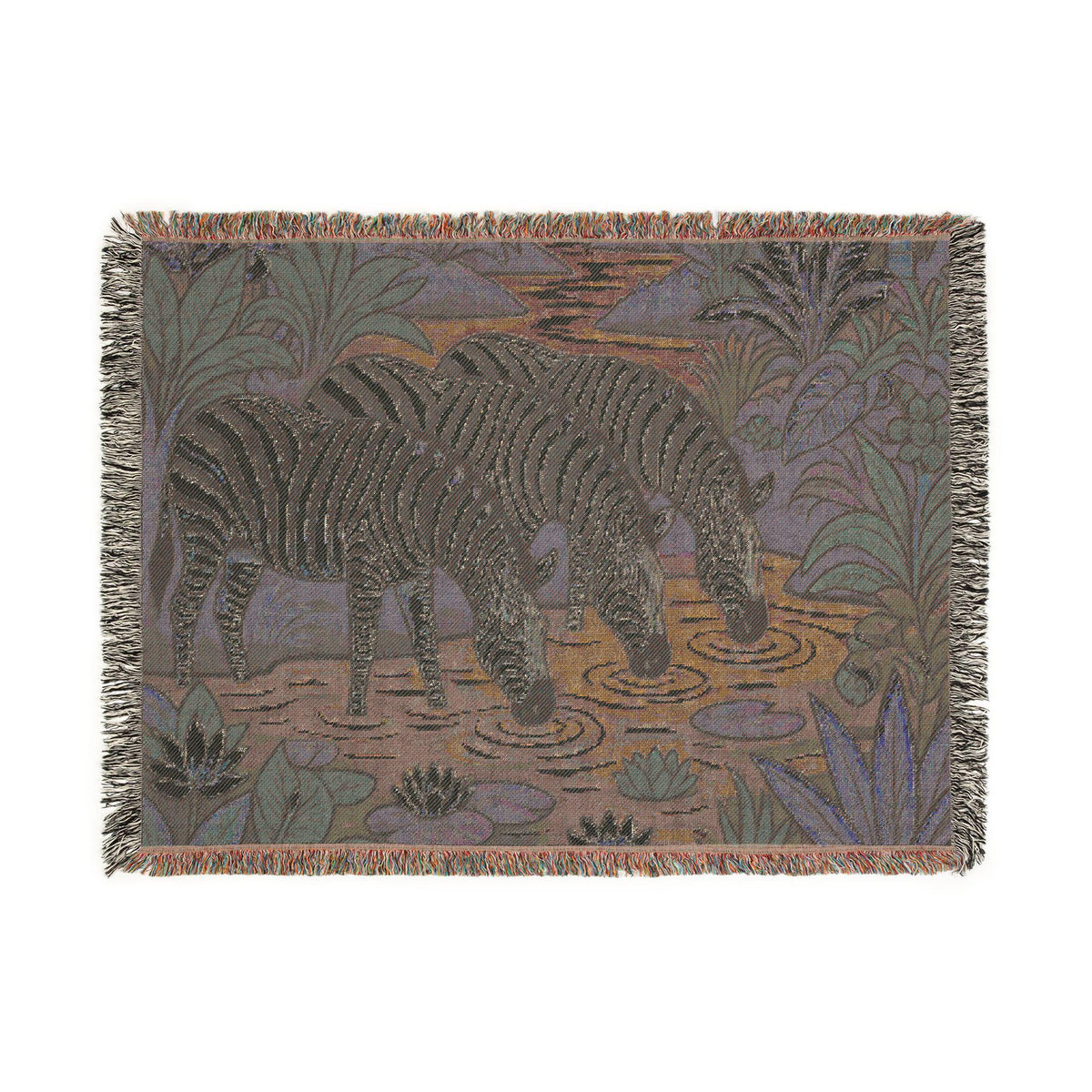 Zebra Trio Drinking at Pond Woven Blanket | Tapestry Animal Throw