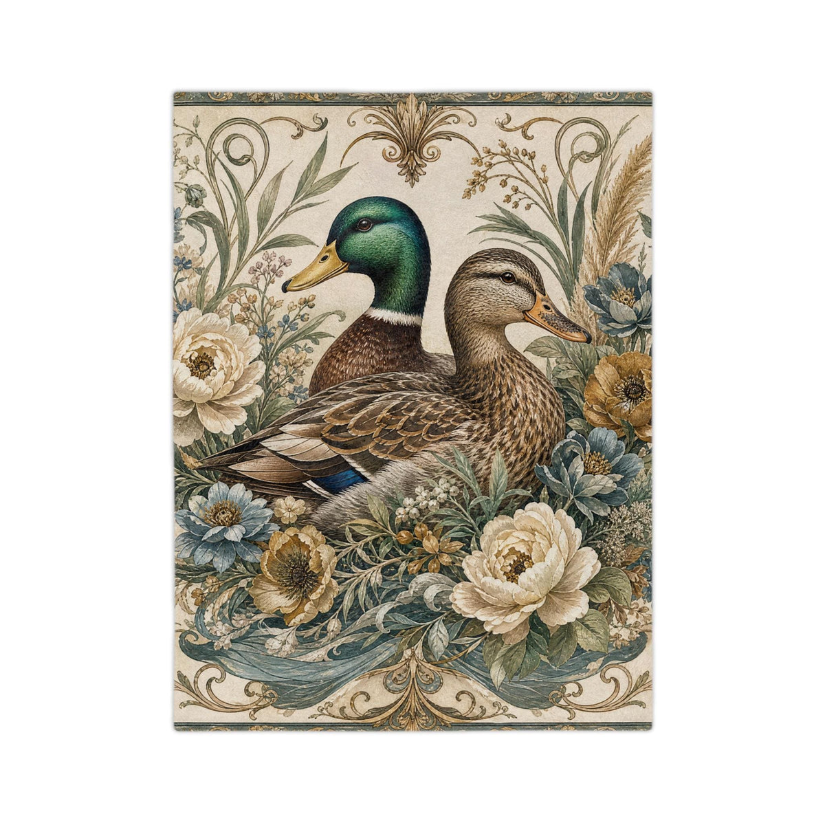 Mallard Duck Floral Illustration Velveteen Microfiber Blanket | Vintage Botanical