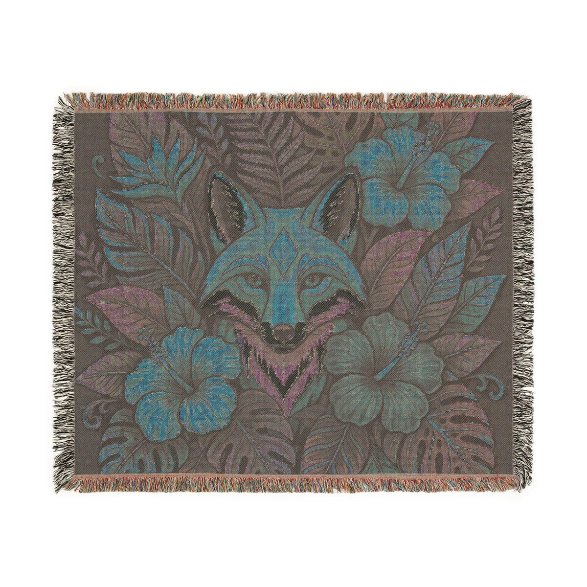 Floral Fox Woven Blanket | Fox Face Tapestry Throw, Botanical Woodland Decor