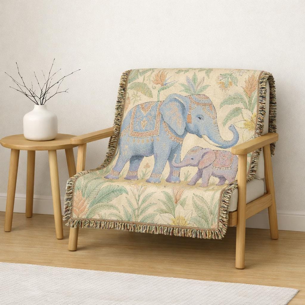 Boho Elephant Family Woven Blanket | Tapestry Throw, Jungle Floral