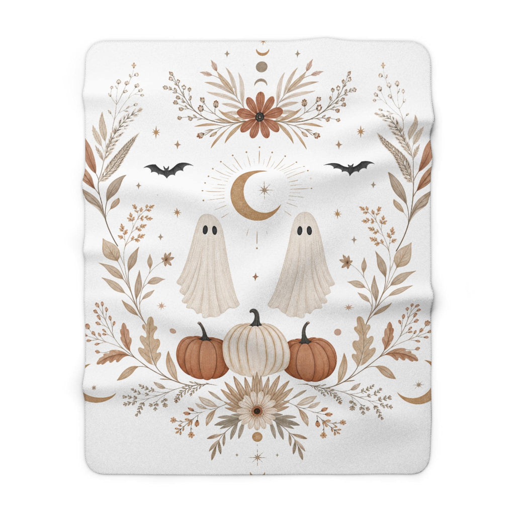 Fall Ghosts Pumpkin Floral Sherpa Fleece Blanket | Halloween Cozy Throw