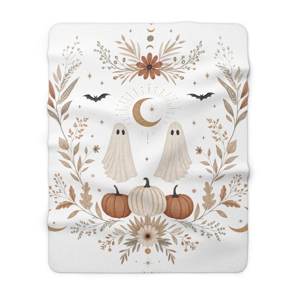 Fall Ghosts Pumpkin Floral Sherpa Fleece Blanket | Halloween Cozy Throw