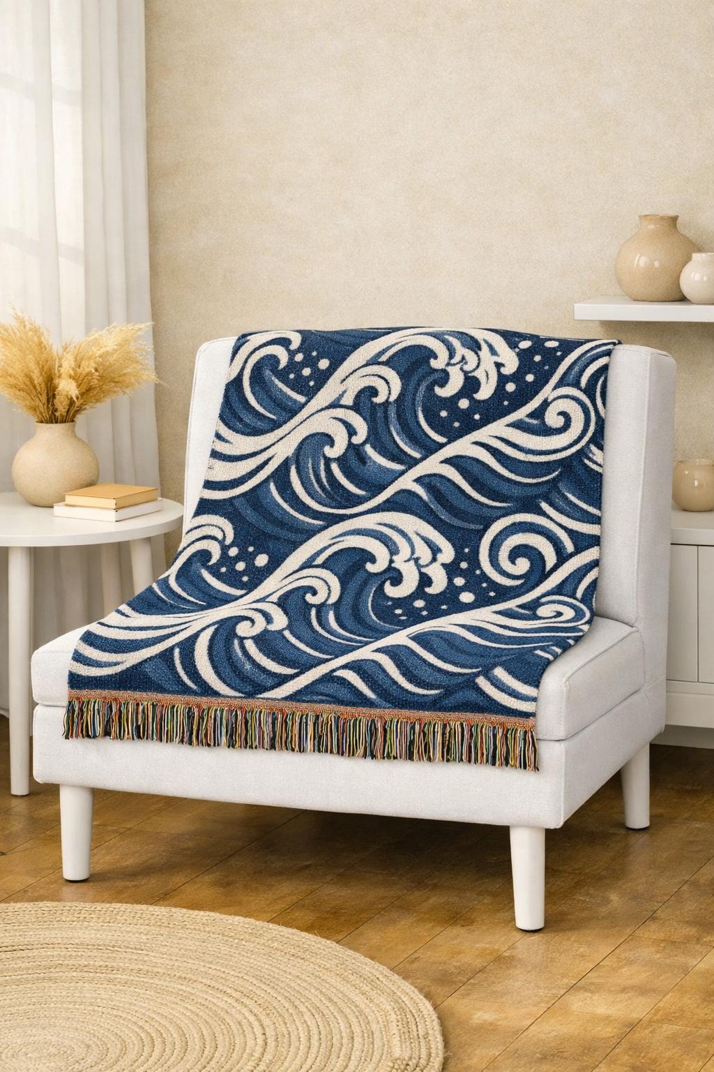 Ocean Wave Pattern Woven Blanket | Nautical Blue Throw