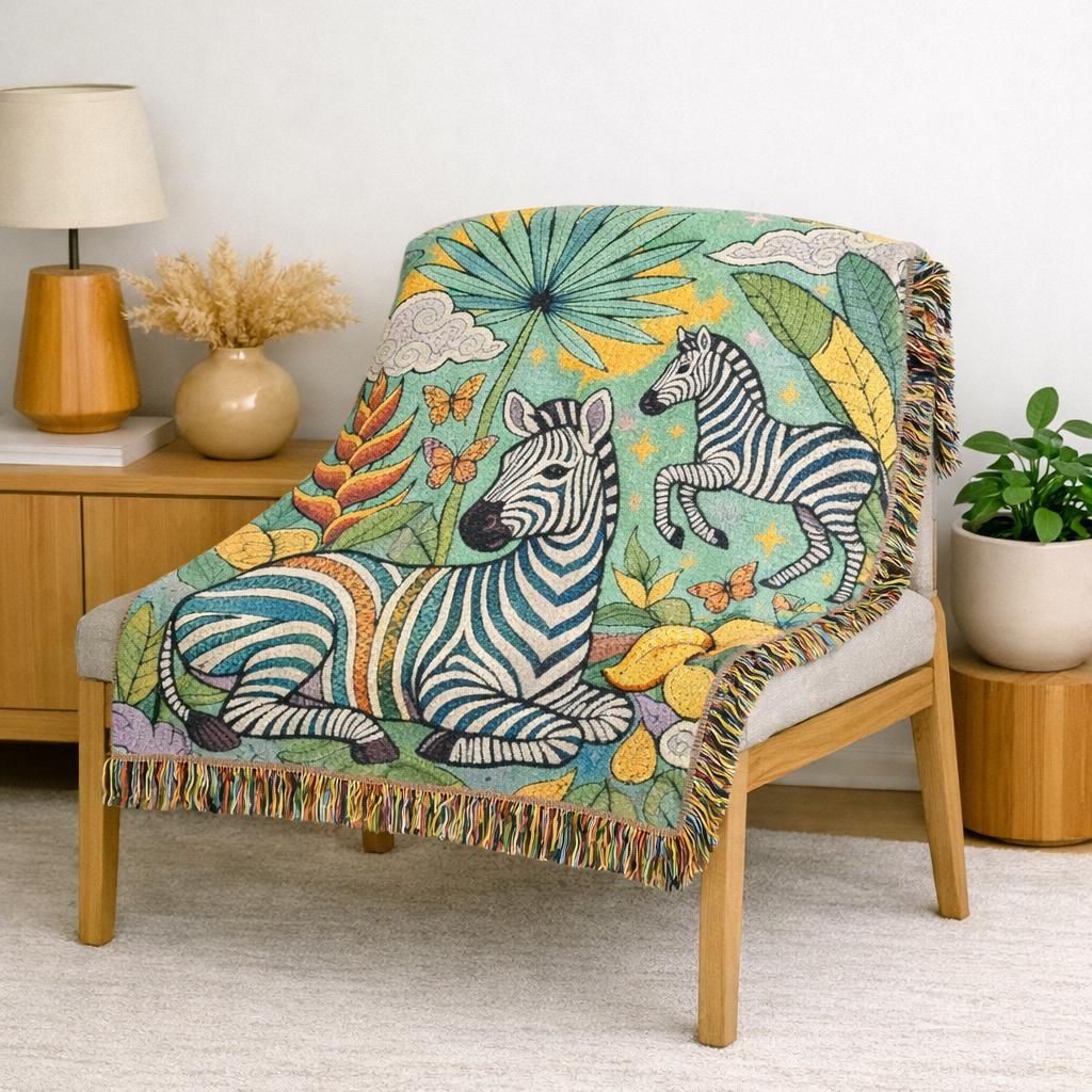 Jungle Zebras Woven Blanket | Tropical Animal Tapestry Throw