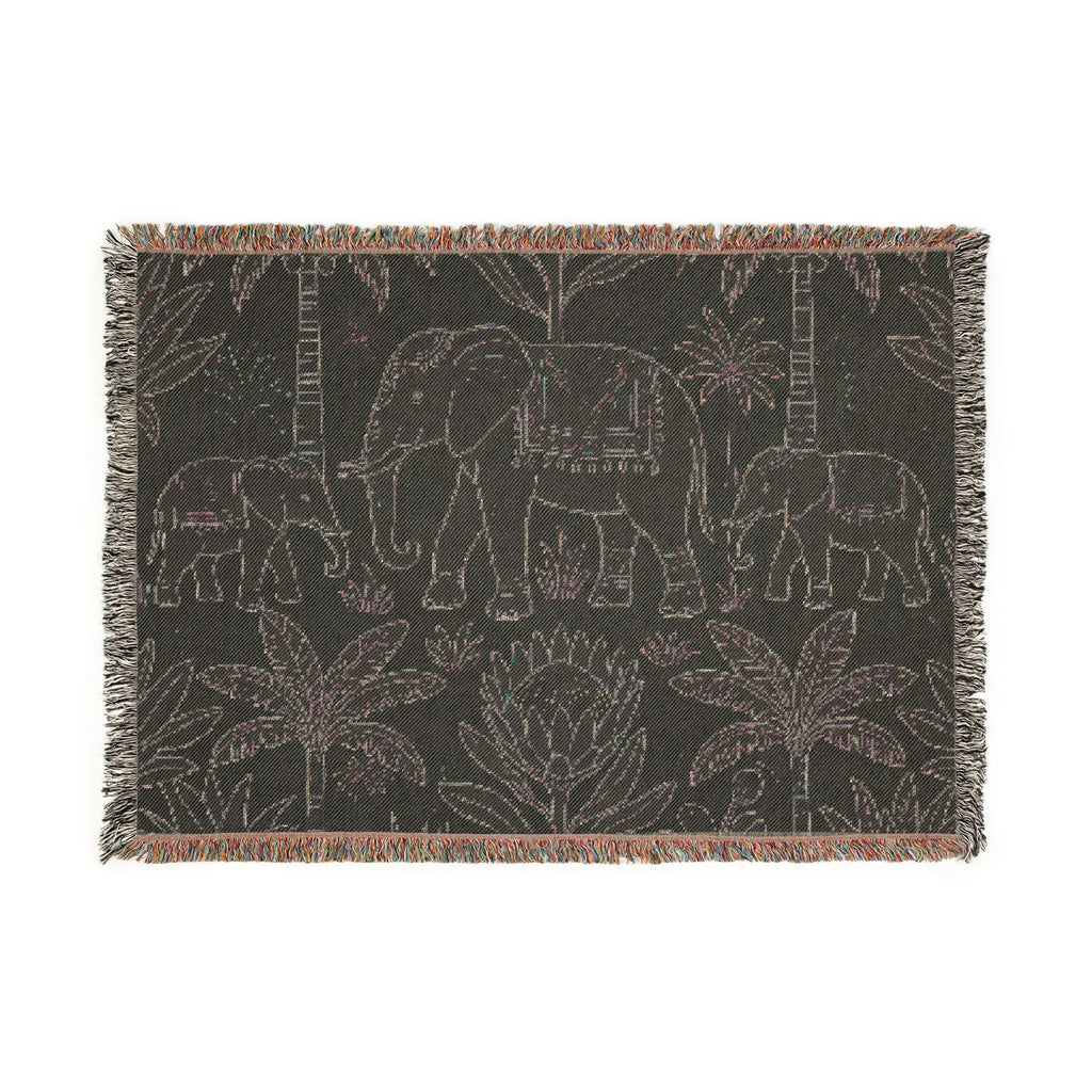 Boho Elephant Family Woven Blanket | Tropical Palm Tapestry Throw
