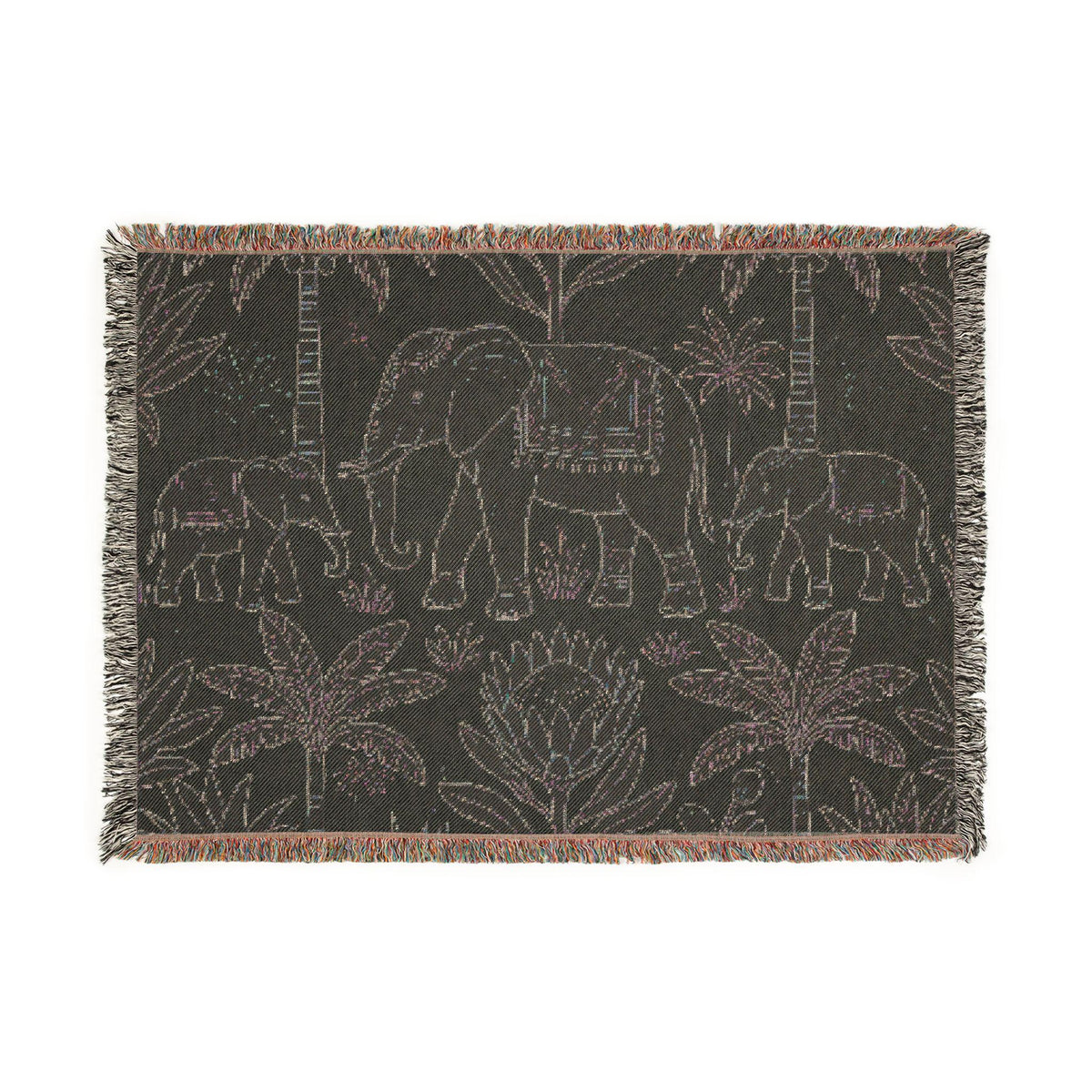 Boho Elephant Family Woven Blanket | Tropical Palm Tapestry Throw