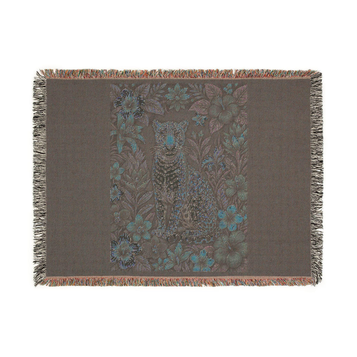 Floral Leopard Tapestry Woven Blanket | Vintage Botanical Cat Motif