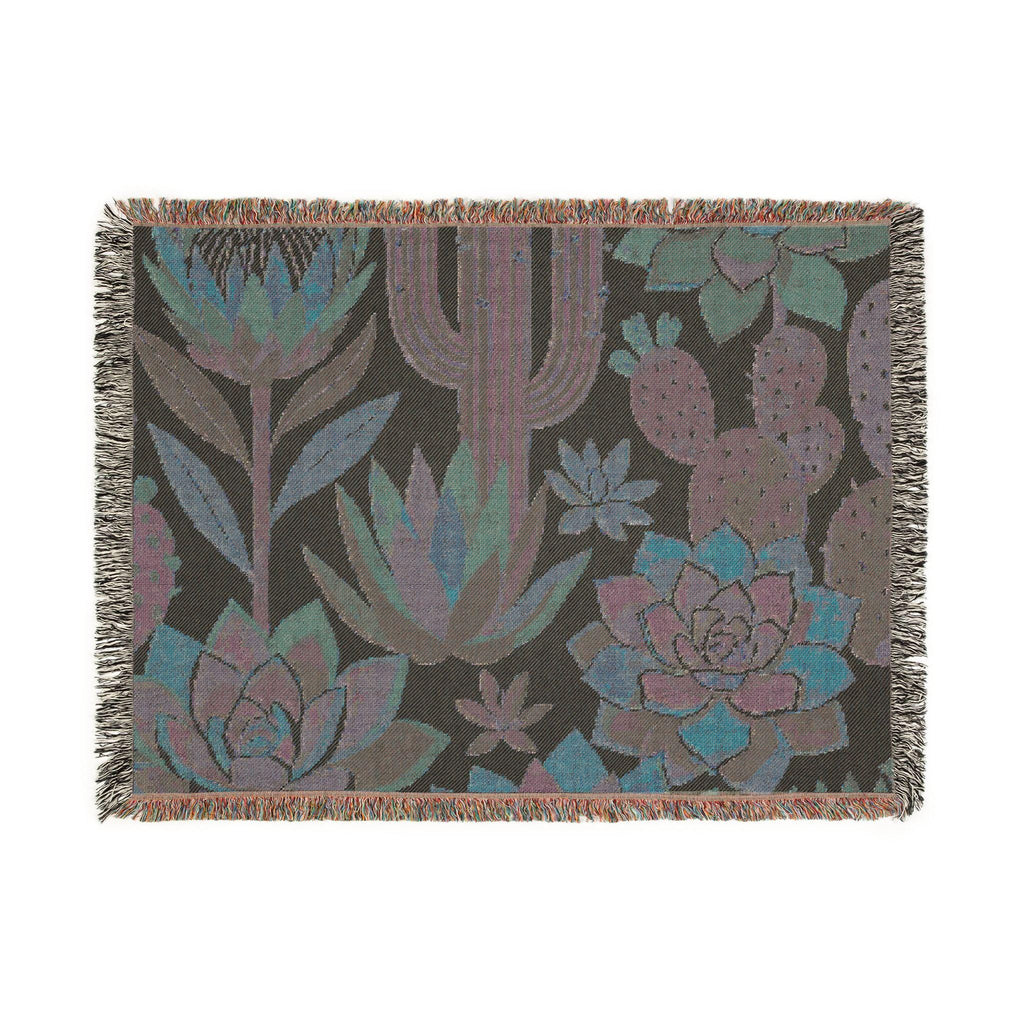 Southwestern Cactus Succulent Woven Blanket, Desert Botanical Throw, 100% Cotton Fabric