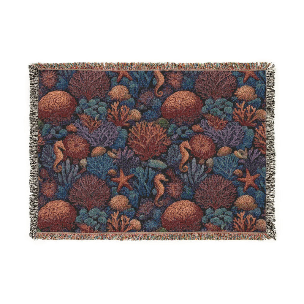 Underwater Coral Reef Woven Blanket | Seahorses, Starfish, Ocean Tapestry Throw