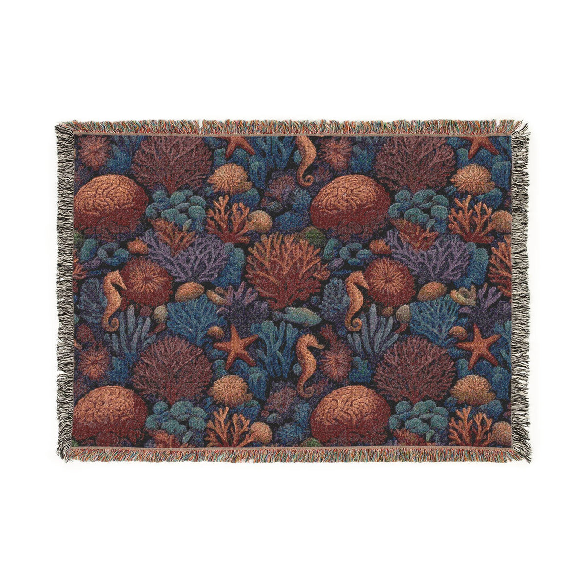 Underwater Coral Reef Woven Blanket | Seahorses, Starfish, Ocean Tapestry Throw