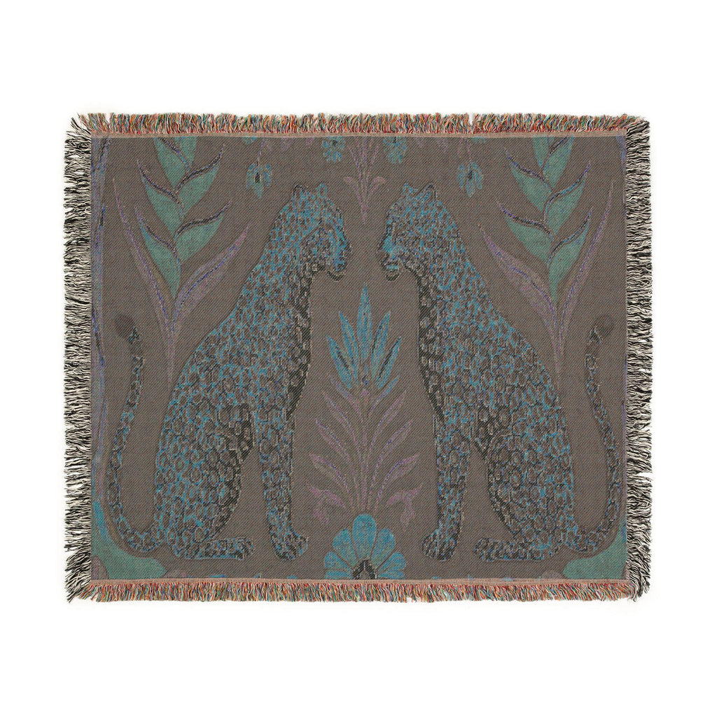 Two Sitting Leopards Woven Blanket | Botanical Motif, Tapestry Throw