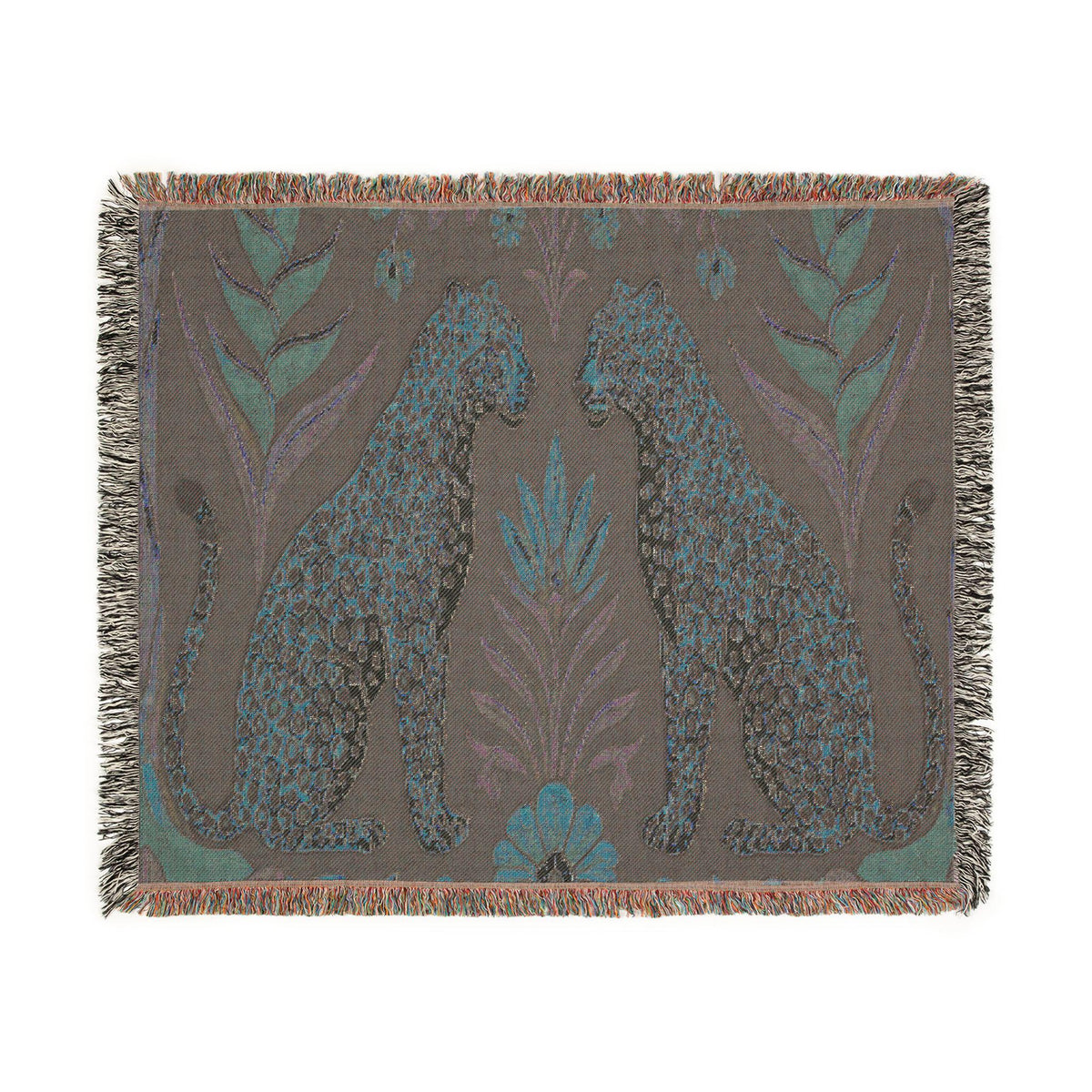 Two Sitting Leopards Woven Blanket | Botanical Motif, Tapestry Throw