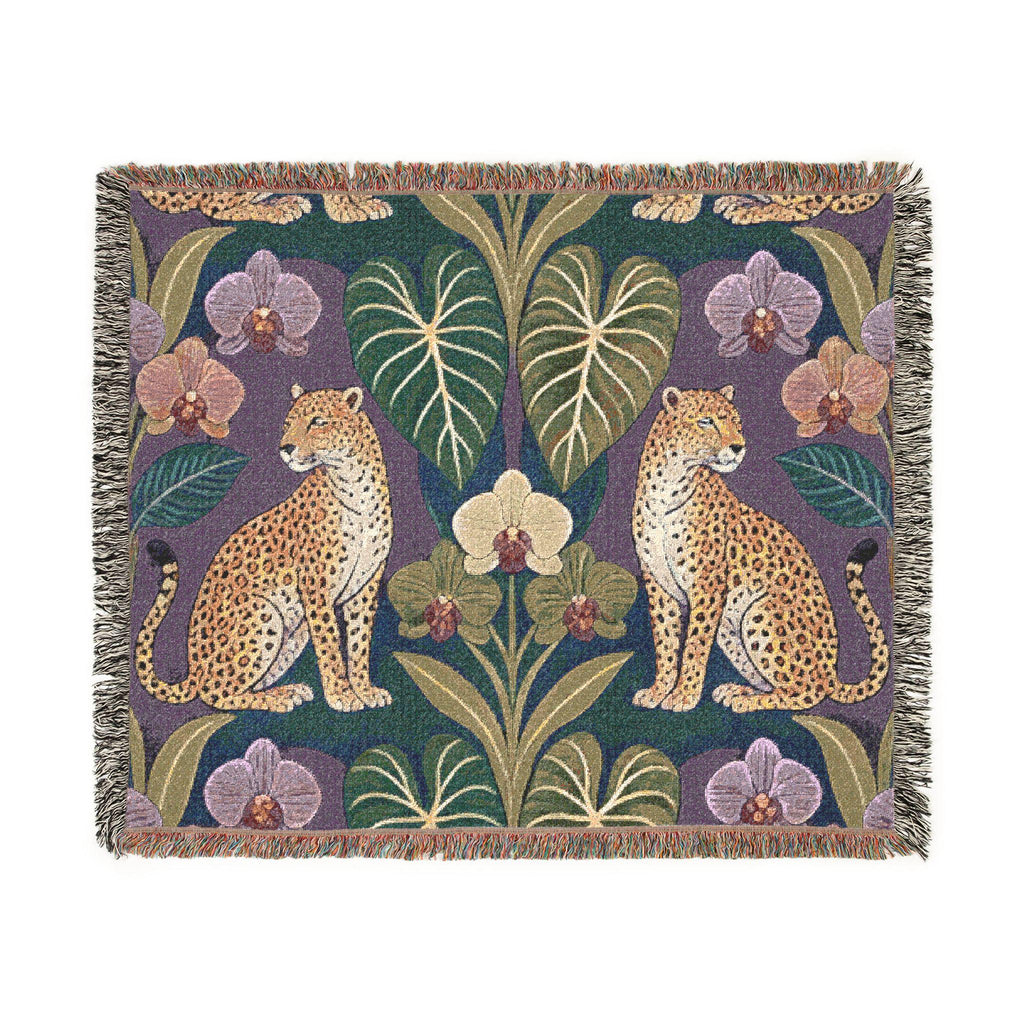Leopard Botanical Woven Blanket | Tropical Leaves, Orchid Motif