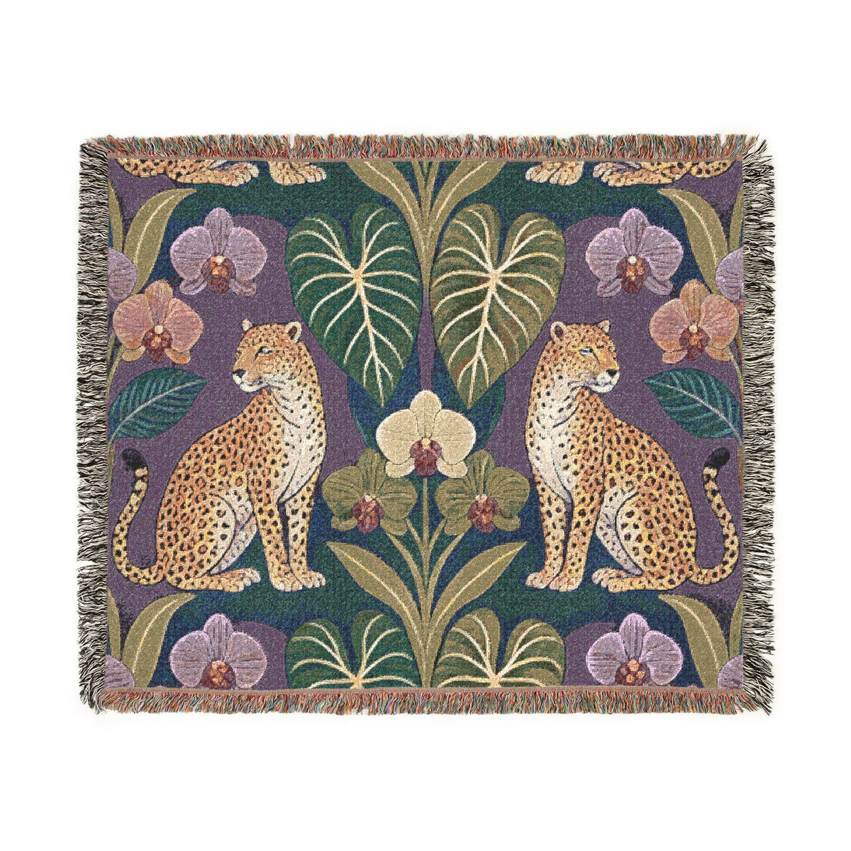 Leopard Botanical Woven Blanket | Tropical Leaves, Orchid Motif