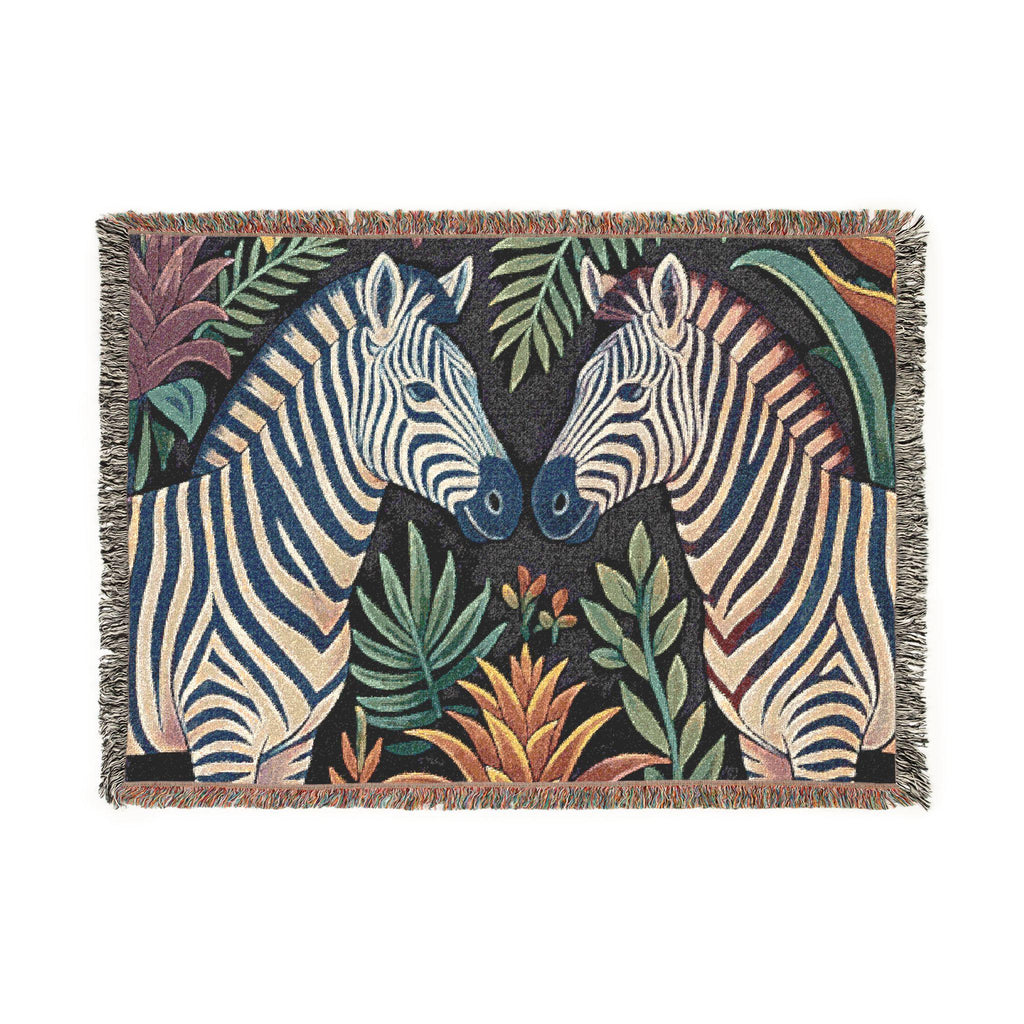 Zebra Floral Illustration Woven Blanket | Tropical Safari Tapestry Throw