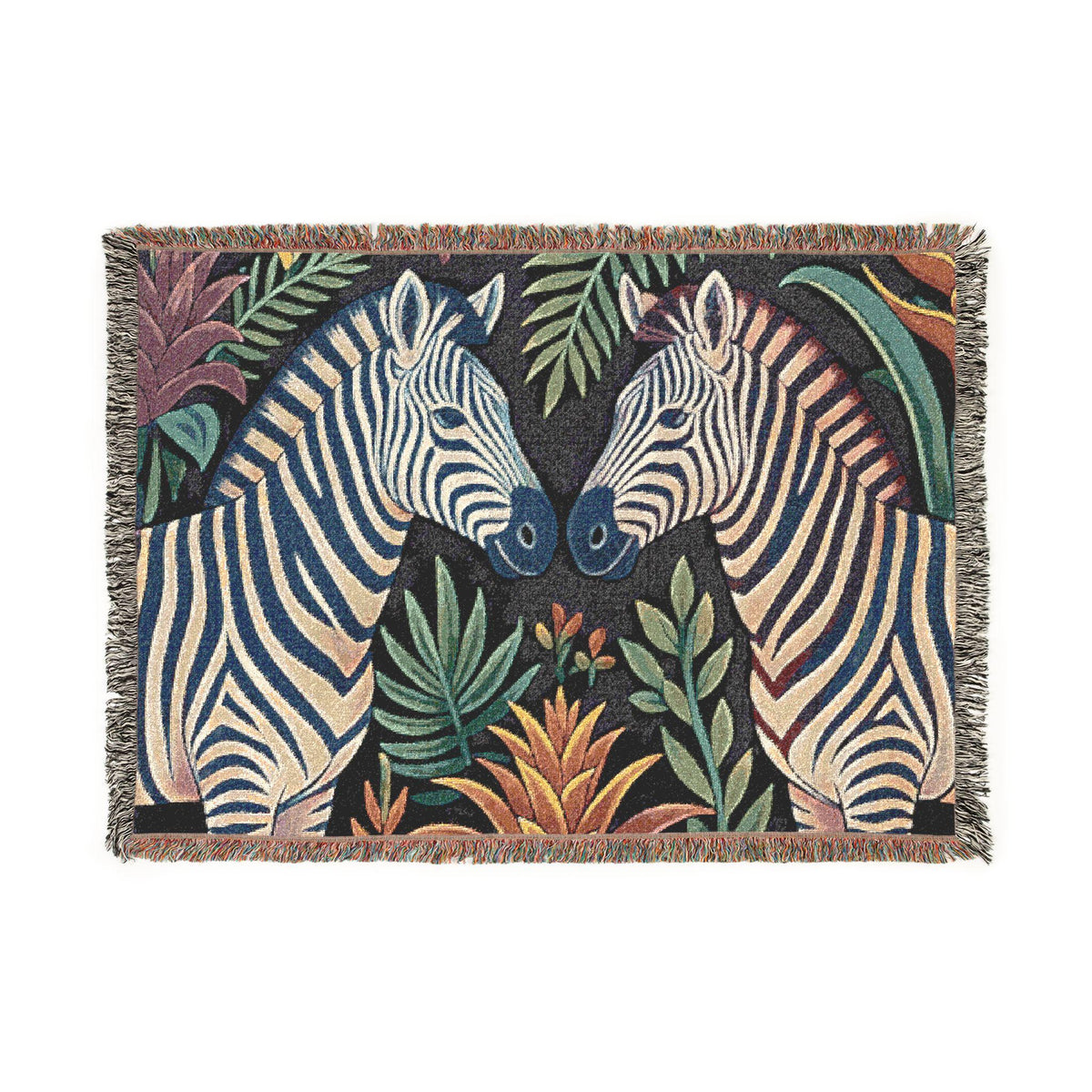 Zebra Floral Illustration Woven Blanket | Tropical Safari Tapestry Throw