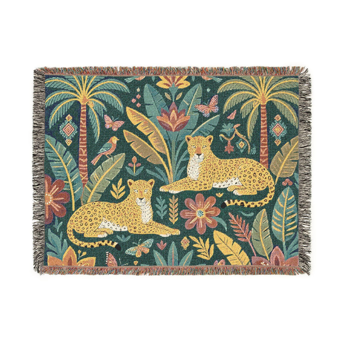 Tropical Leopard Tapestry woven blanket | jungle palm motif, floral tapestry throw