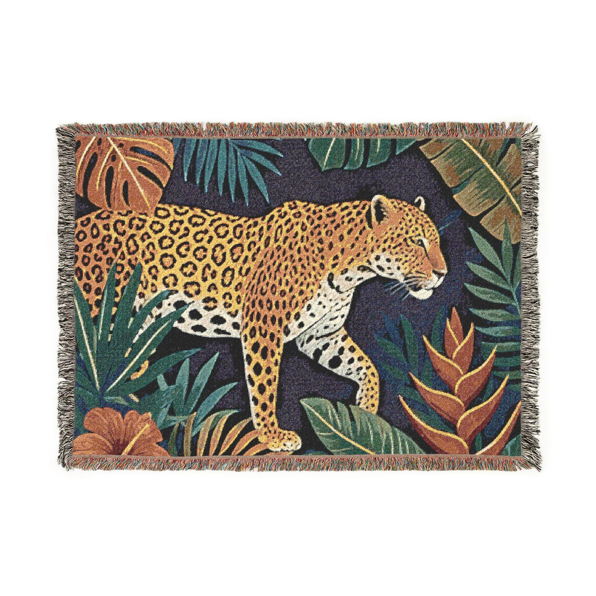 Leopard Jungle Woven Blanket | Tropical Foliage Tapestry Throw