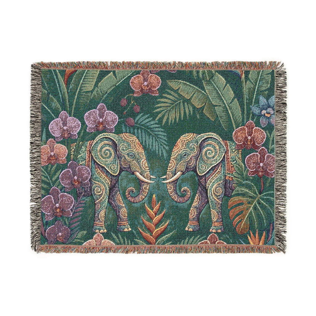 Tropical Elephant Tapestry Blanket | Woven Fringe Throw, Jungle Floral Pattern