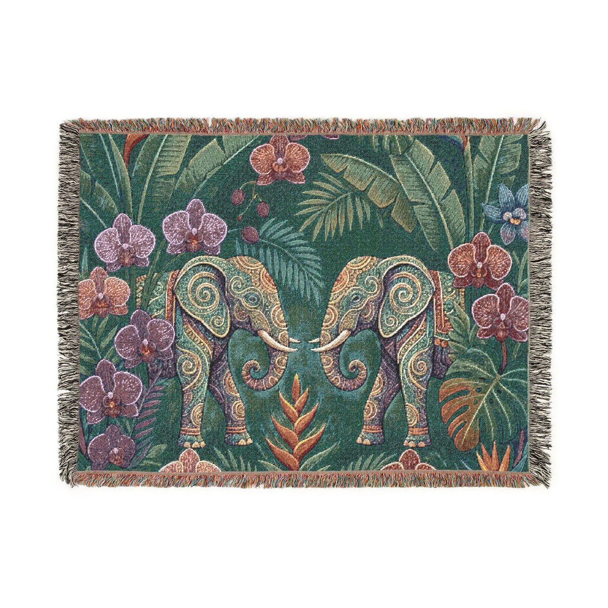 Tropical Elephant Tapestry Blanket | Woven Fringe Throw, Jungle Floral Pattern