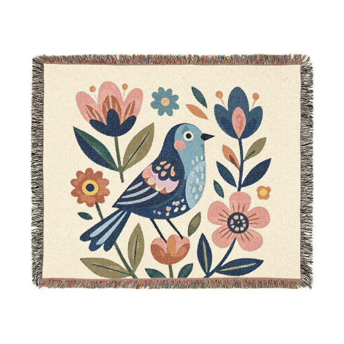 Folk Bird Floral Woven Blanket | Tapestry Throw with Cottagecore Flowers