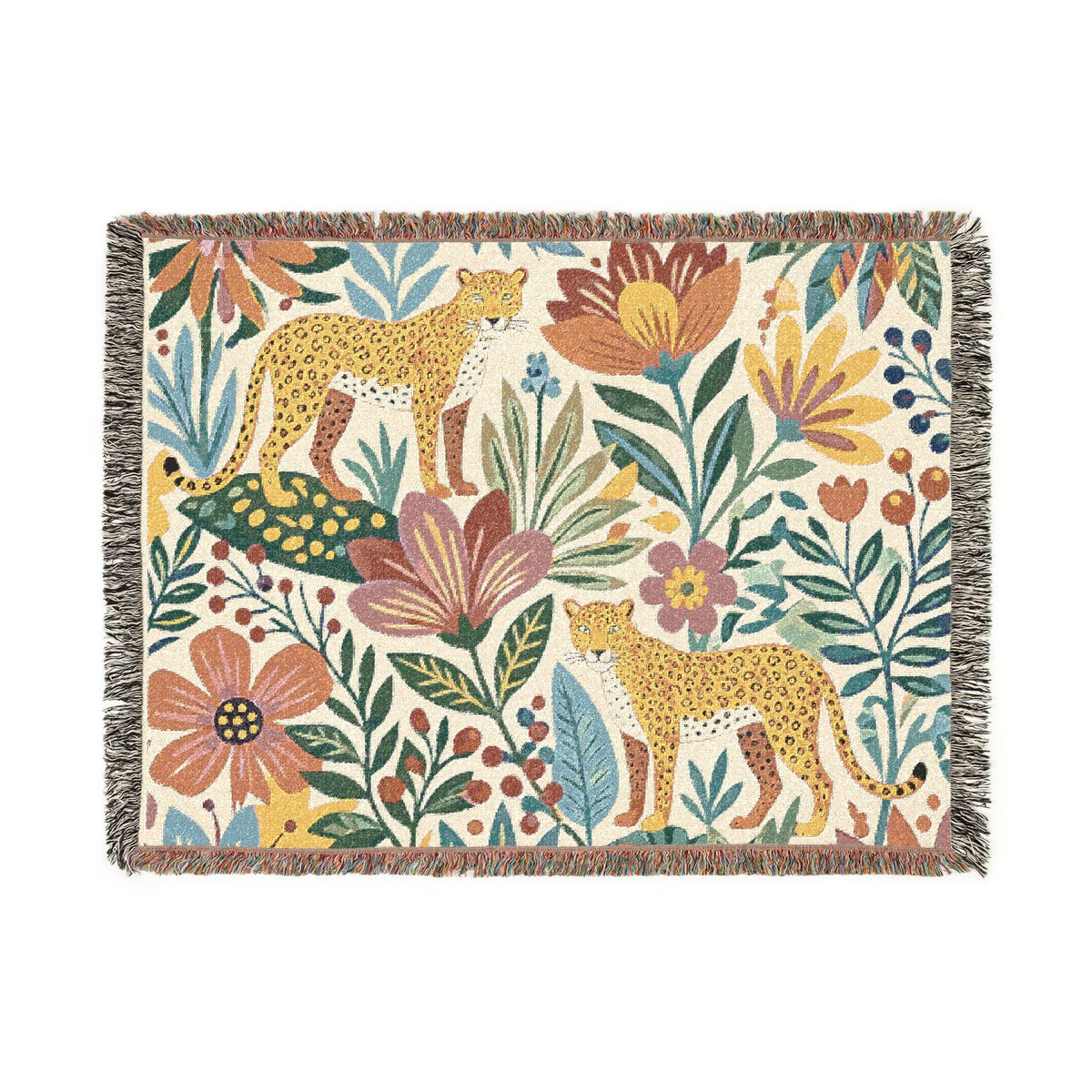 Floral Leopard Pattern Woven Blanket | Botanical Jungle Throw
