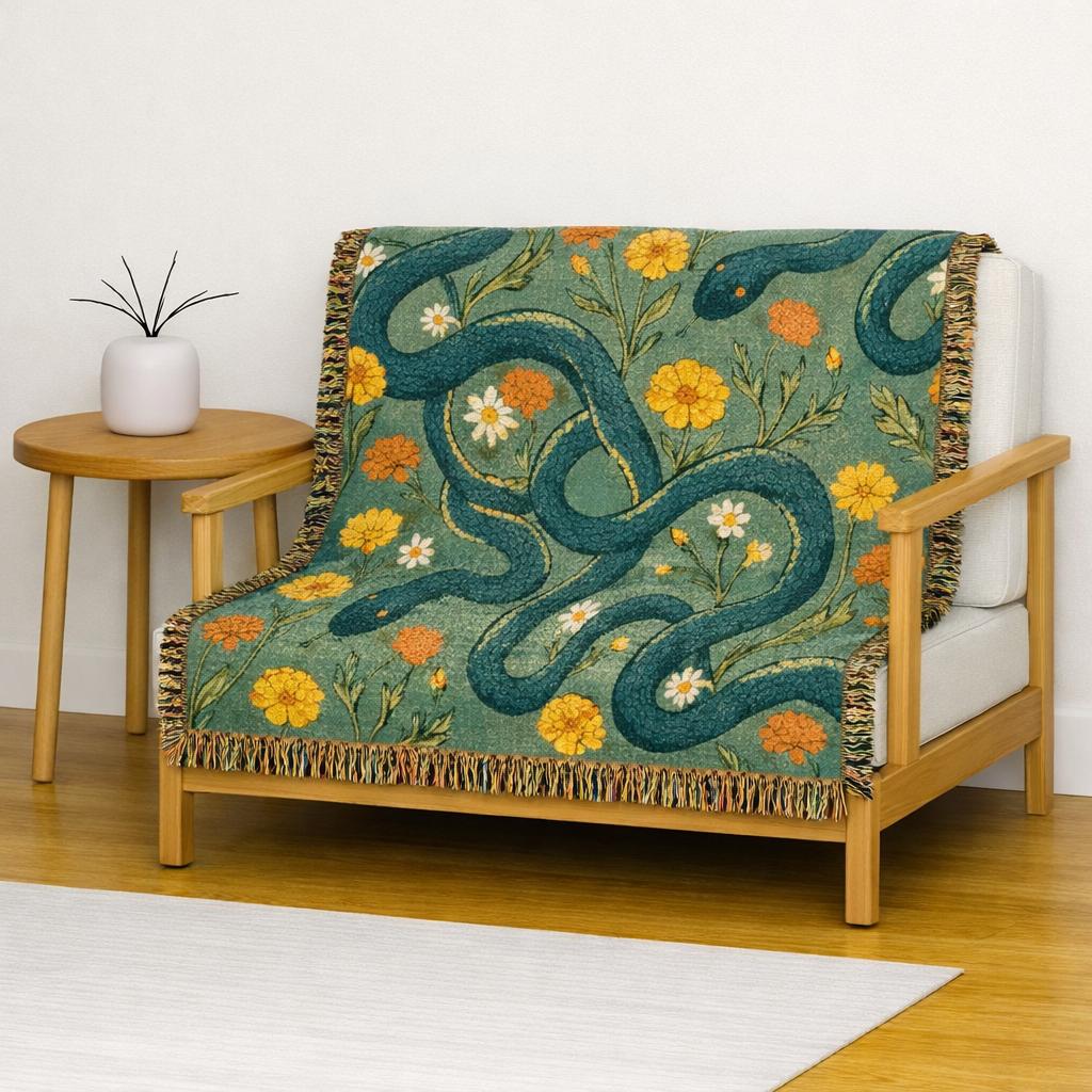 Floral Serpent Woven Blanket | Botanical Snake Tapestry Throw