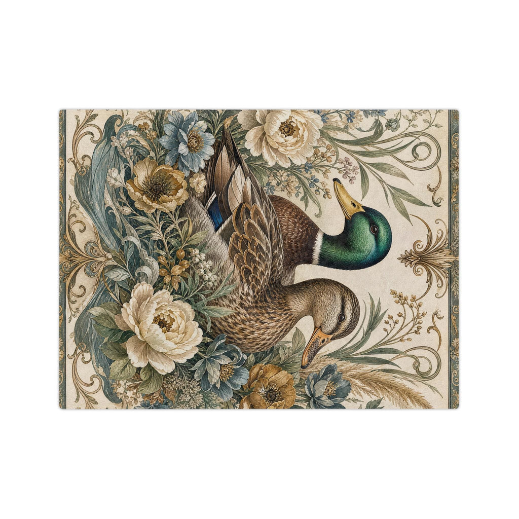 Mallard Duck Floral Illustration Velveteen Microfiber Blanket | Vintage Botanical