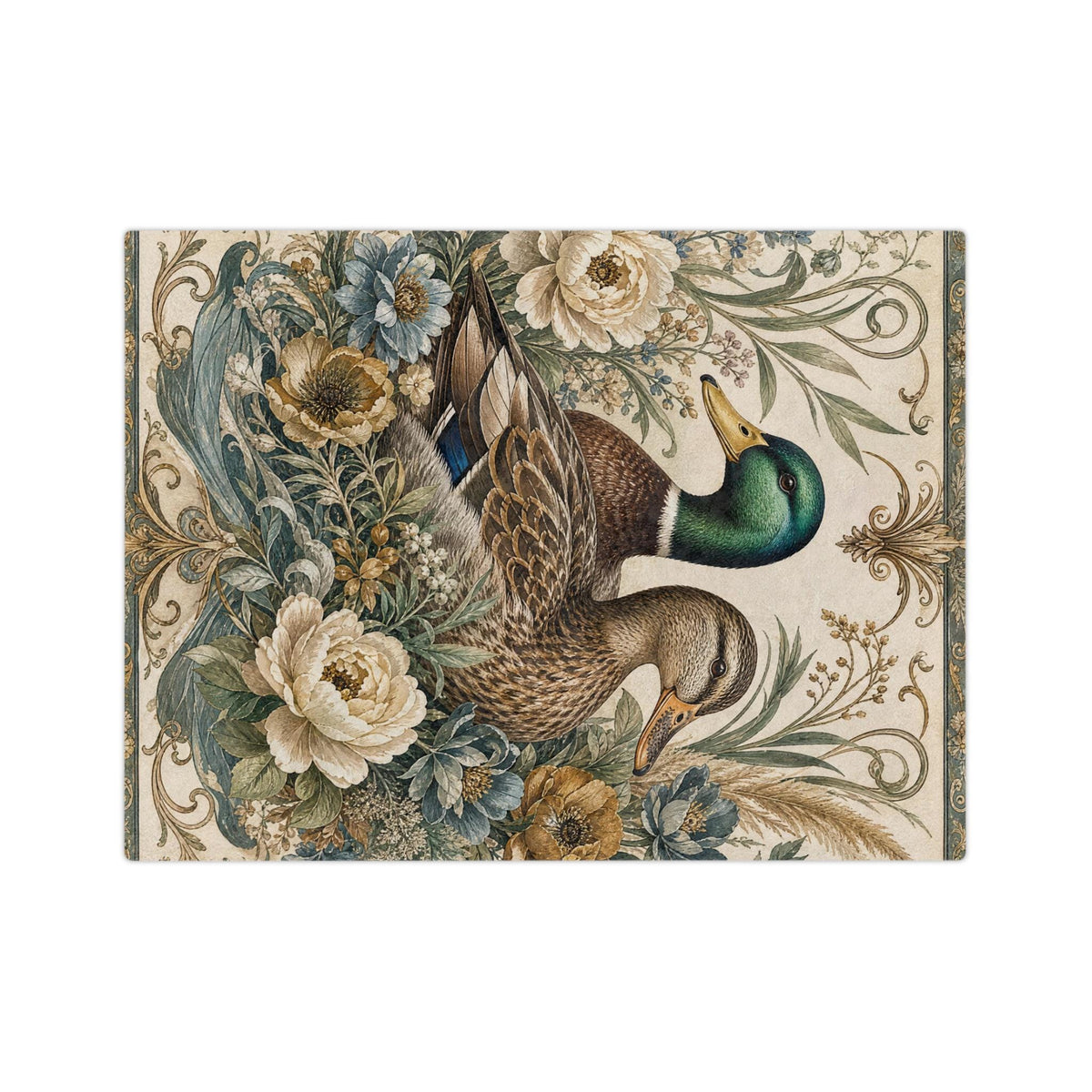 Mallard Duck Floral Illustration Velveteen Microfiber Blanket | Vintage Botanical