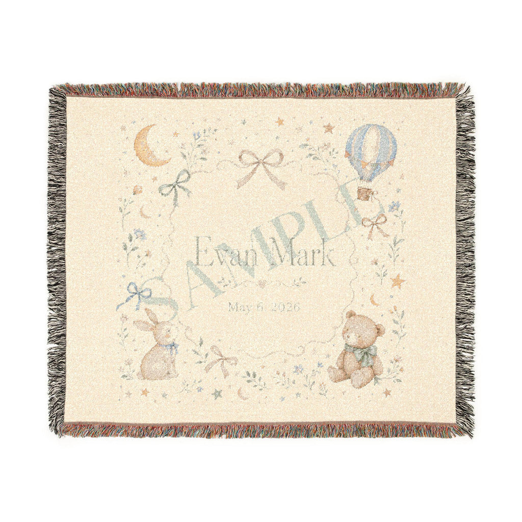 Nursery Moon & Hot Air Balloon Woven Blanket | Personalized Baby Name