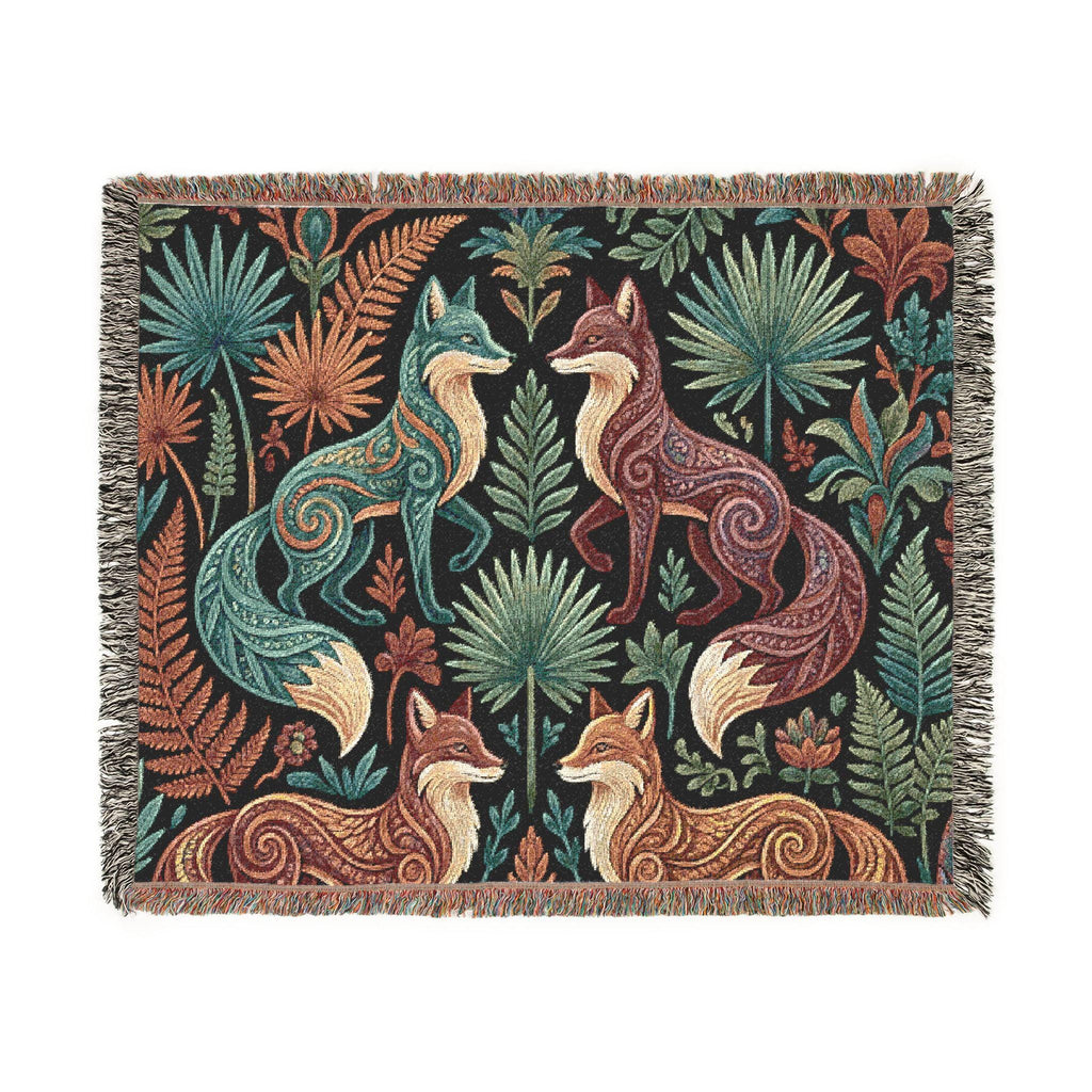Folk Art Foxes Woven Blanket | Decorative Tapestry Throw, Nature Pattern
