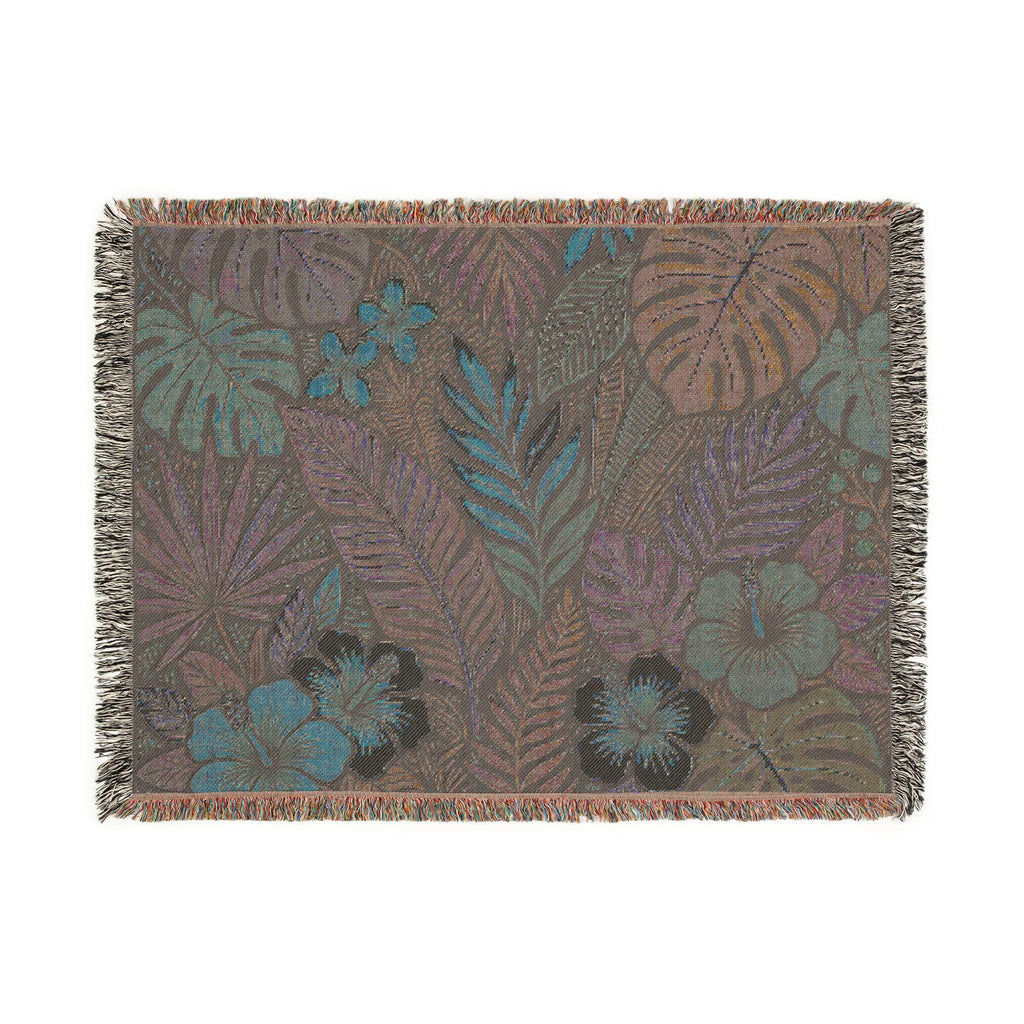 Tropical Floral Woven Blanket | Botanical Leaves Hibiscus Throw
