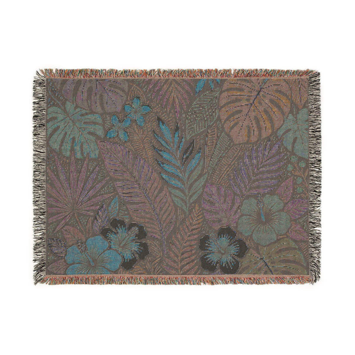 Tropical Floral Woven Blanket | Botanical Leaves Hibiscus Throw