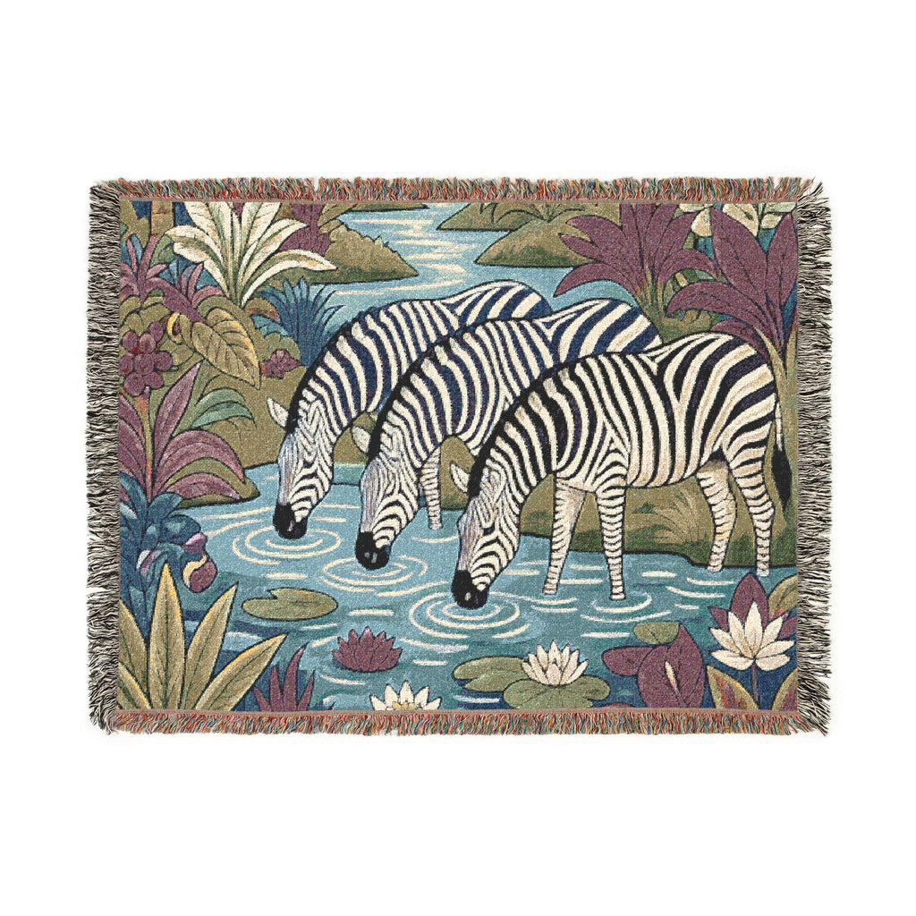 Zebra Trio Drinking at Pond Woven Blanket | Tapestry Animal Throw