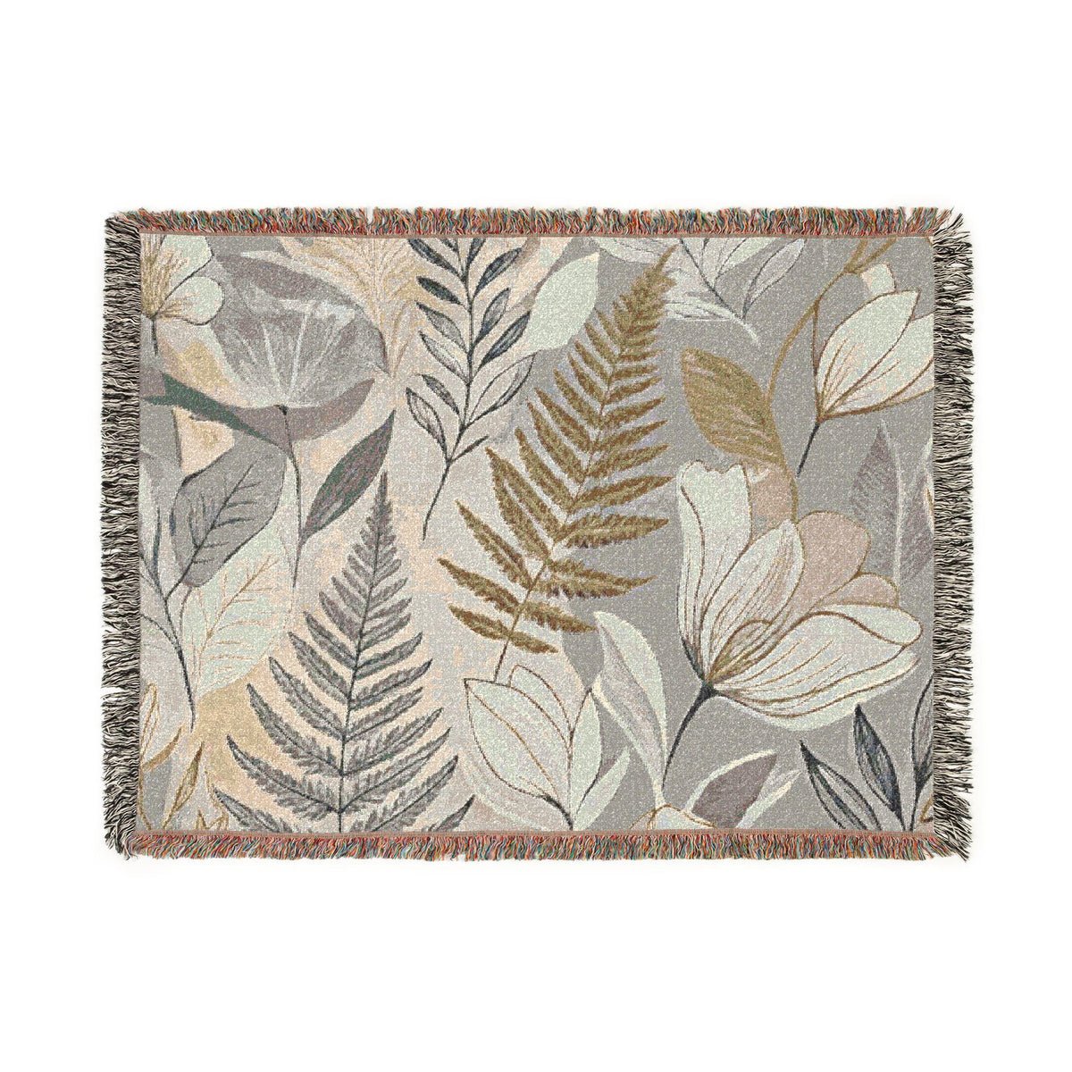 Modern Floral Fern Woven Blanket, Botanical Cotton Throw, Fringed Edges