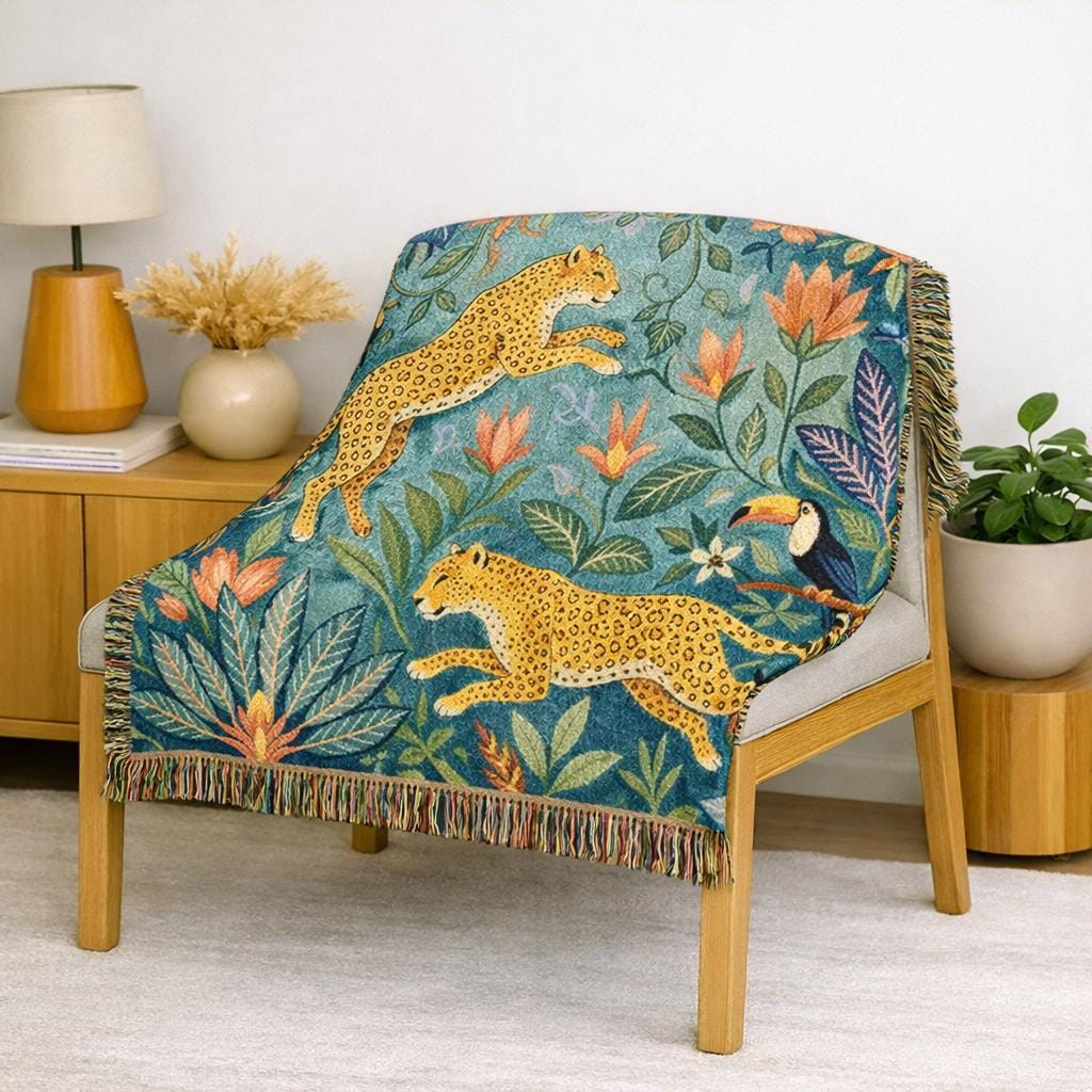 Leopard Jungle Tapestry Woven Blanket | Botanical Animal Throw