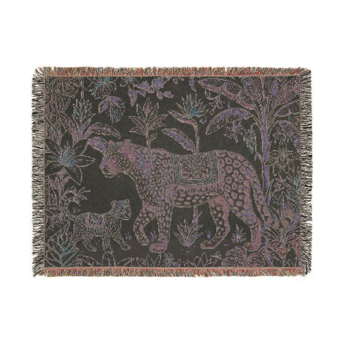 Leopard & Cub Floral Tapestry Woven Blanket | Boho Jungle Animal Throw