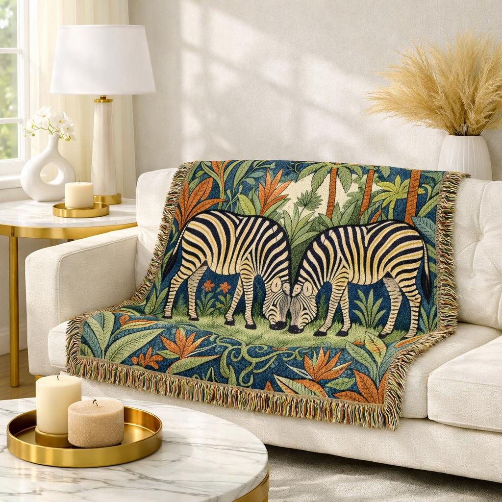 Zebra Pair Tapestry Woven Blanket | Jungle Botanical Throw