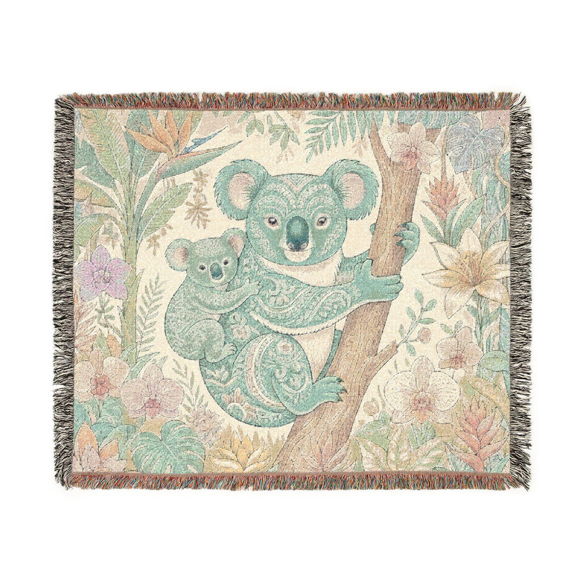 Koala Mother and Baby Woven Blanket | Botanical Nursery Throw, Woodland Animal Decor