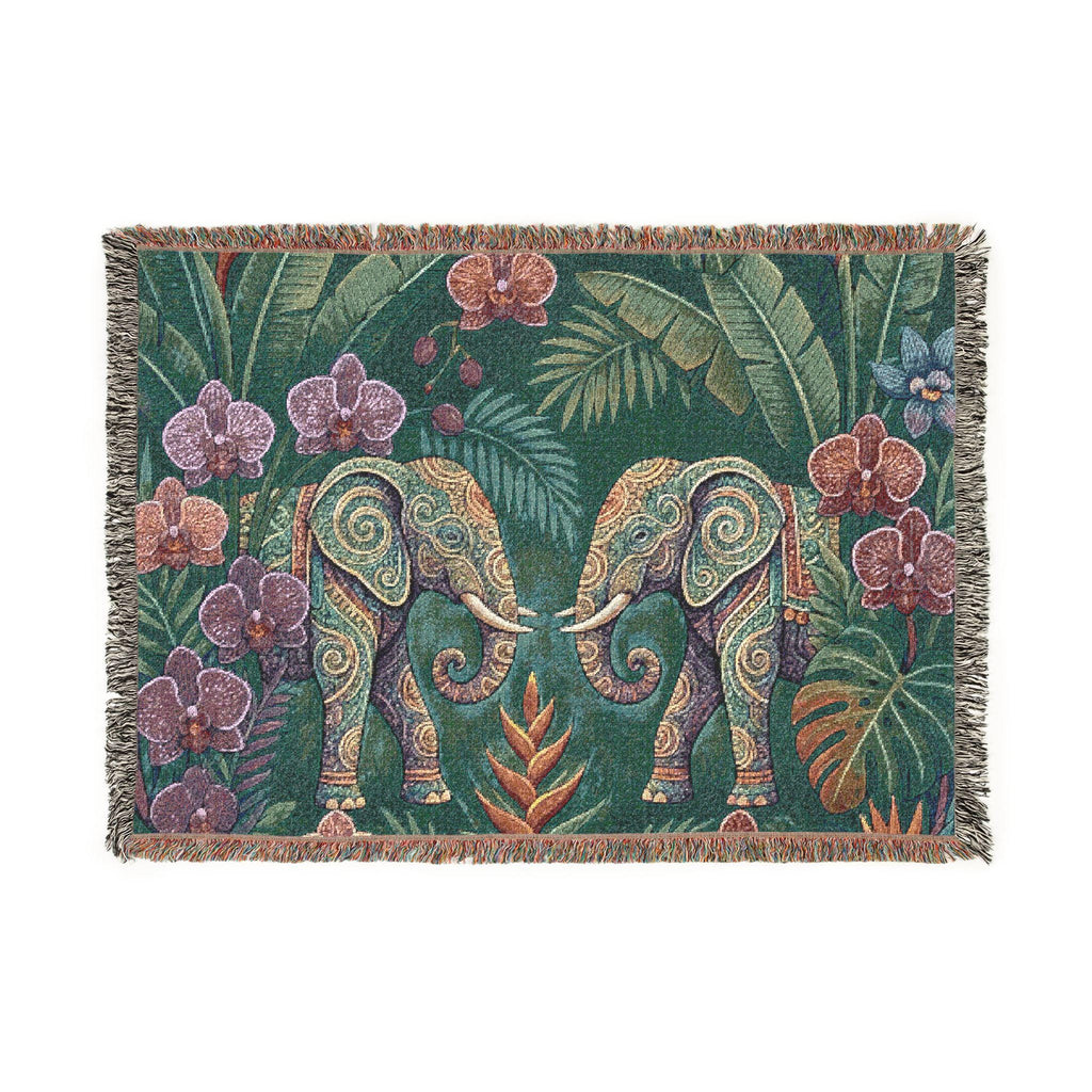 Tropical Elephant Tapestry Blanket | Woven Fringe Throw, Jungle Floral Pattern